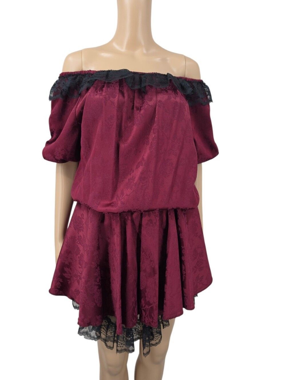 Vintage Off-the-Shoulder Burgundy Satin Jacquard Black Lace Trim Costume Dress